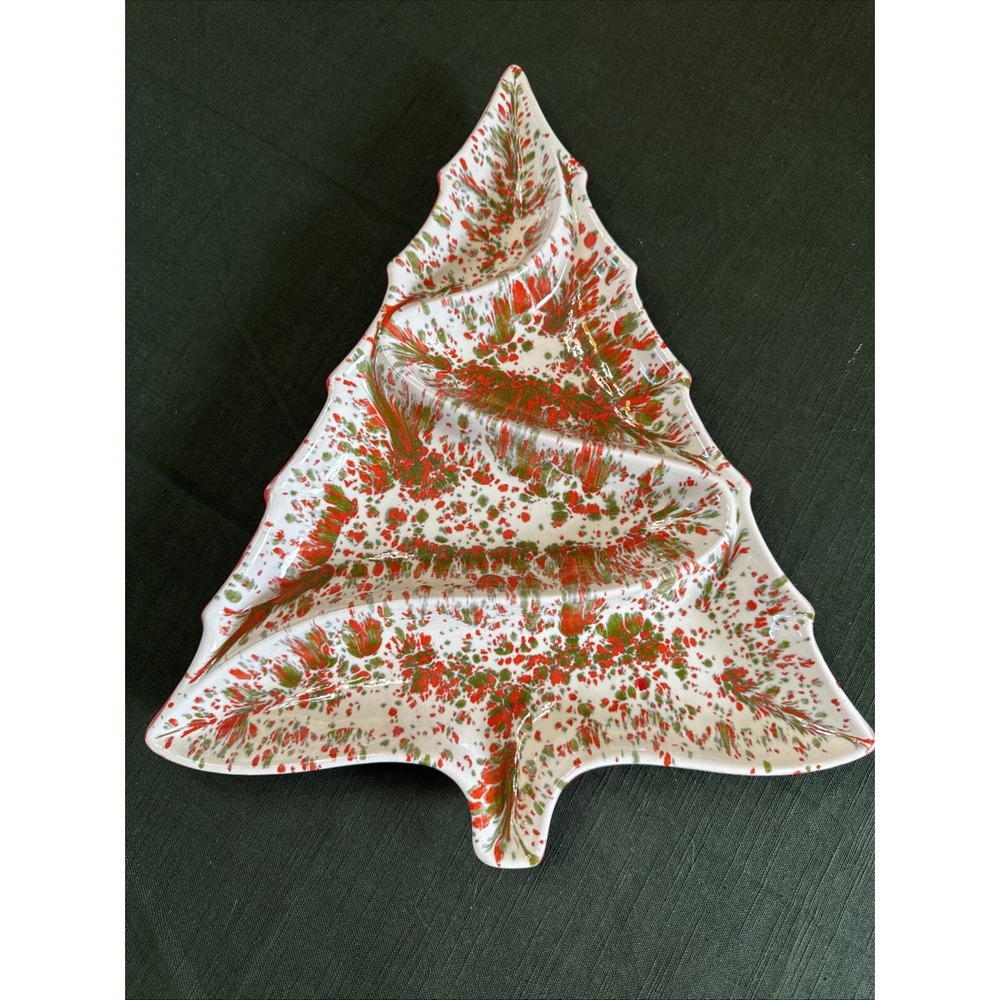 Vtg‎ 60s Ceramic Christmas Tree Plate Platter Serving Dish Splattered Paint MCM